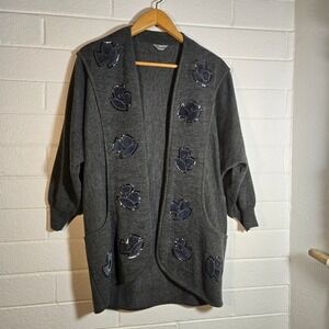Beaded Open Cardigan Cocoon Style Lagenlook Velvet Detail Floral Artsy‎ Large